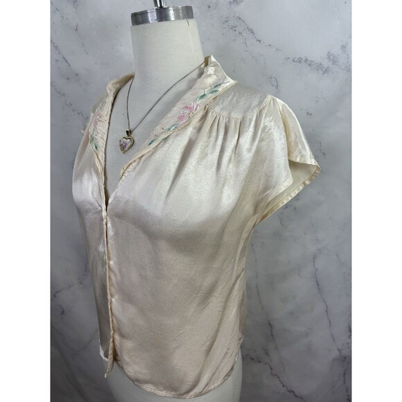 Vtg 70s You Babes Satin Button up Blouse S Cream Embroidery Collar Top Coquette - Picture 9 of 16
